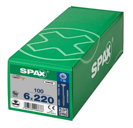 Afbeeldingen van Spax Spaanplaatschroef platverzonken kop verzinkt T-Star T30 deeldraad 6.0 x 220mm