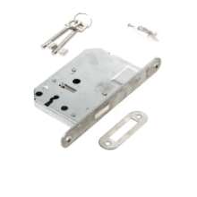 Afbeeldingen van Woningbouw kastslot, sleutelgat 56mm, voorplaat rvs, doornmaat 50mm, inclusief afgeronde rvs sluitplaat